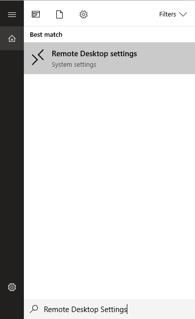 Remote desktop settings Start Menu