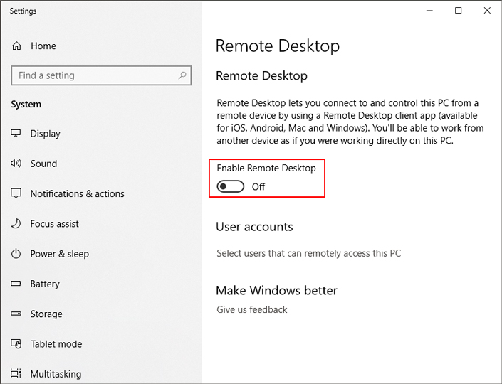 Enable remote desktop Enable remote desktop