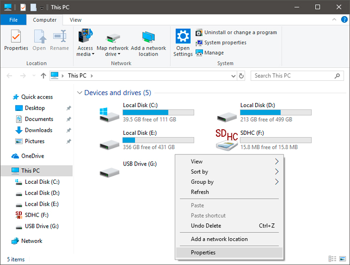 Properties context menu Properties context menu