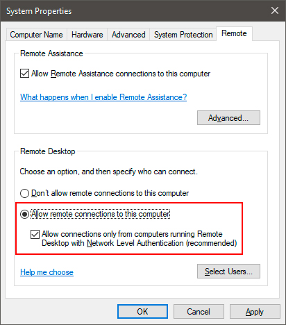 Allow remote connections to this computer Allow remote connections to this computer