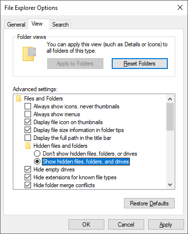 Folder Options - Show Hidden Files