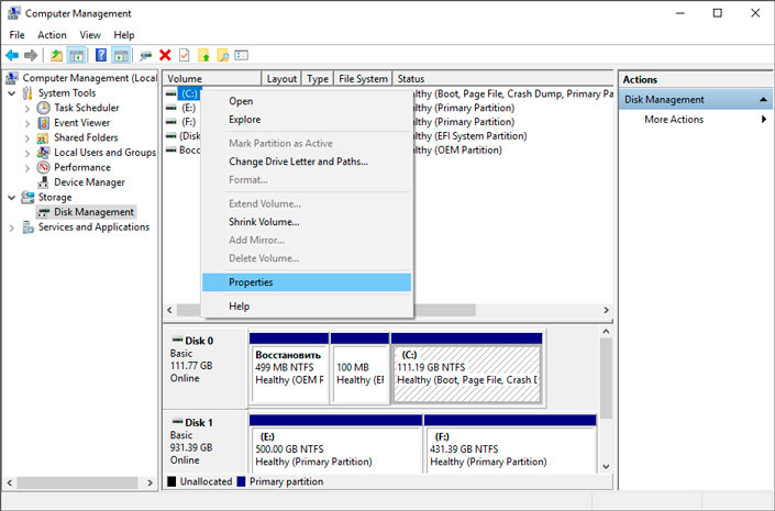 Computer management window - Properties