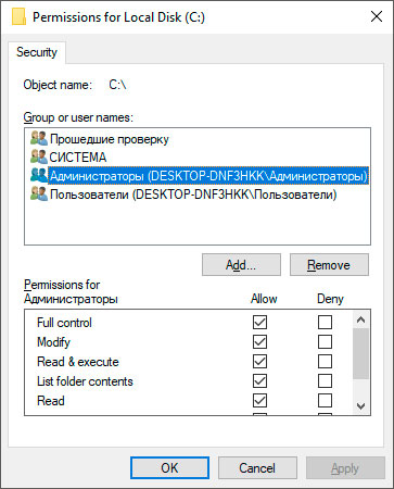 Permissions window - Administrator