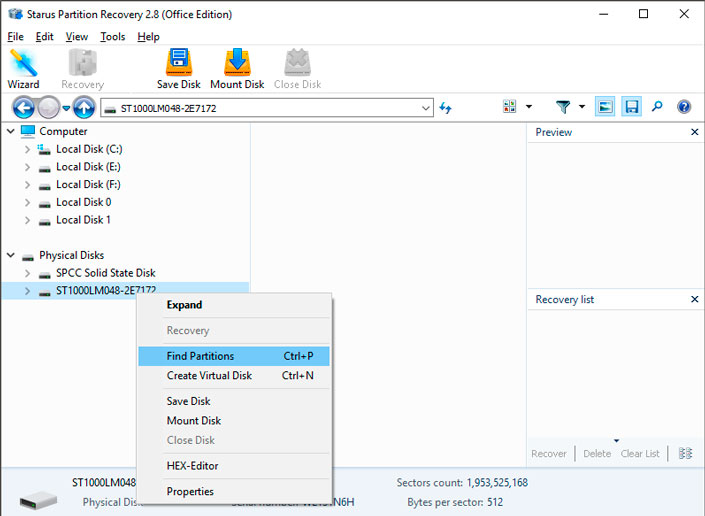 Starus Partition Recovery find disk option
