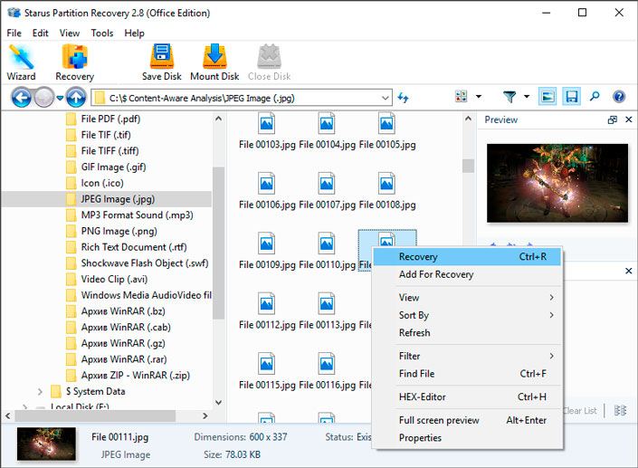 Program window with files to recover