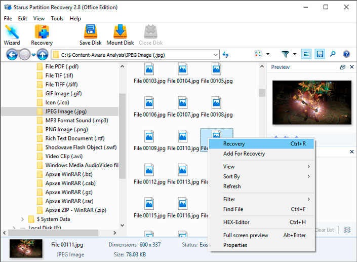 Starus Partition Recovery program window with files to recover Program window with files to recover