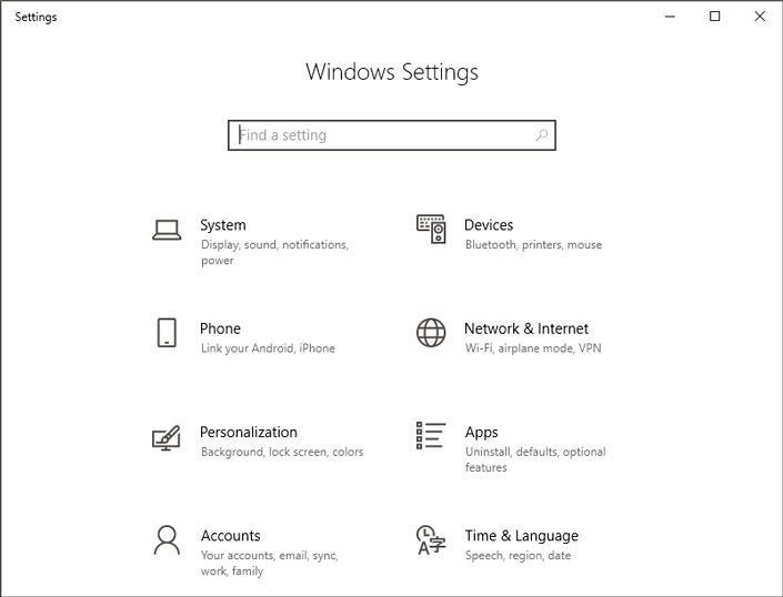 Windows settings menu
