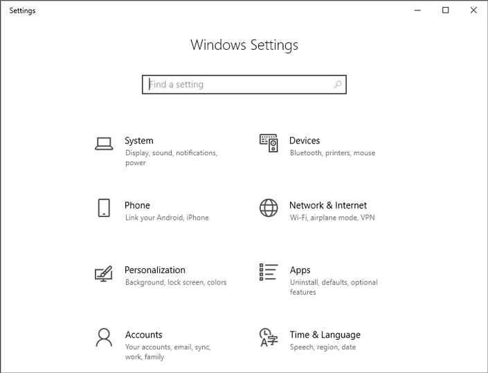 Windows settings menu Windows settings menu