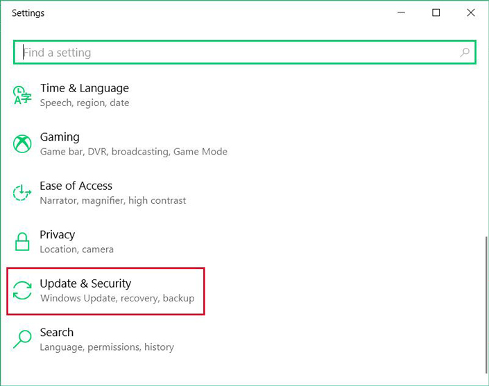 Windows Settings menu Windows Settings menu
