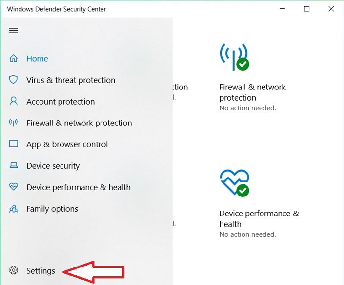 Windows Defender settings can be found in a sidebar menu