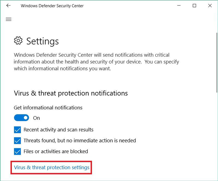 Windows Defender Security Center settings