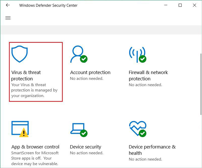 Virus and threat protection menu Virus and threat protection menu