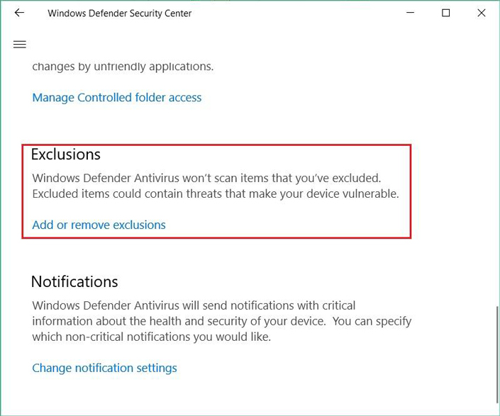 Exclusions in Windows Defender settings Exclusions in Windows Defender settings