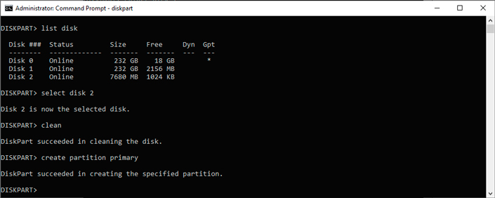 Create partition primary command Partition primary command