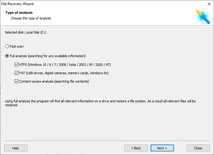 Select the desired type of analysis Type of analysis