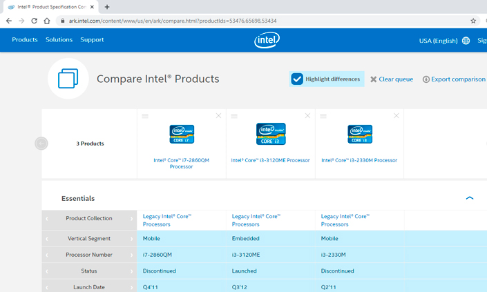 Comparing specifications on every processor