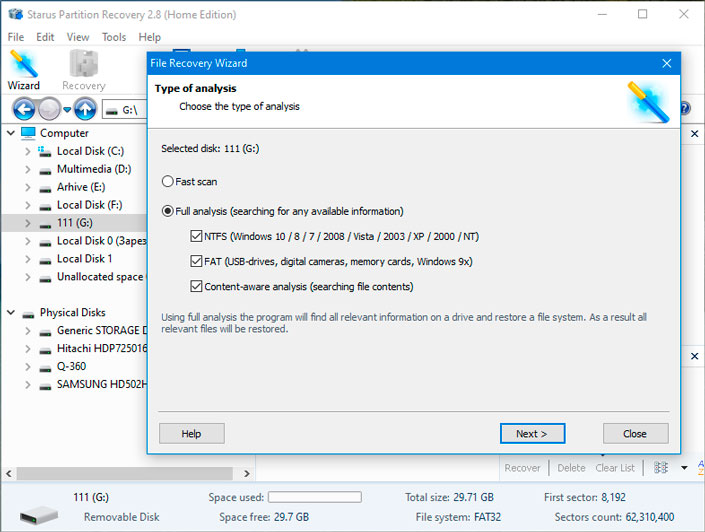 Selecting the type of analysis in the application Type of analysis