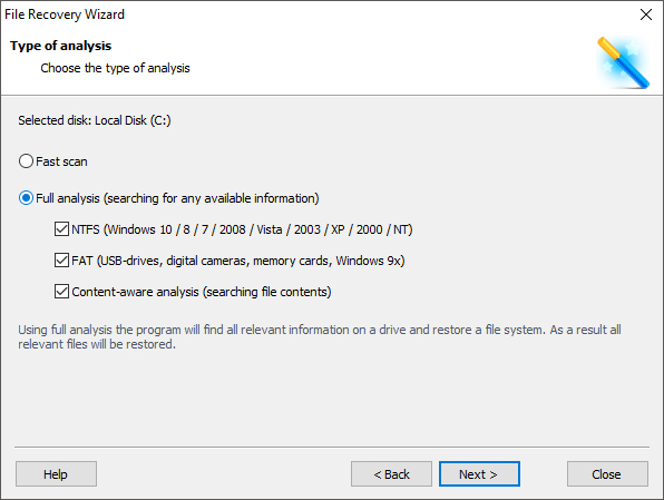 Selecting analysis type in the program