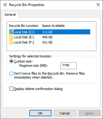 Volume of the recycle bin file Volume