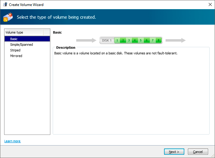 Select the type of volume Select the type of volume
