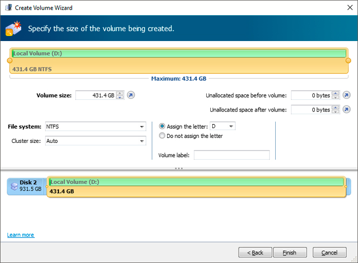 Create Volume Wizard - selecting size Create Volume Wizard