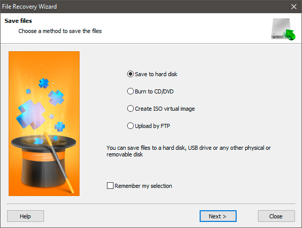 Selecting the type of export of the recovered data Selecting the type of export