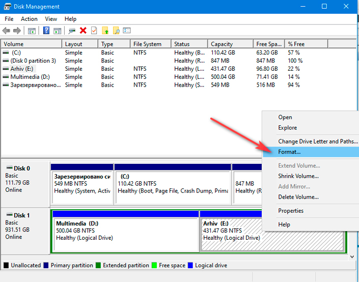 Selecting disk formatting Selecting disk formatting