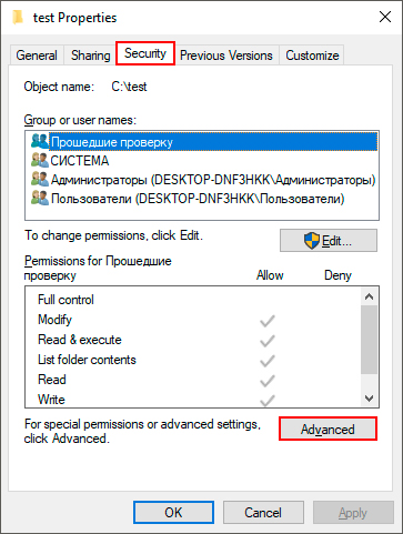 Security tab - Advanced option Security tab