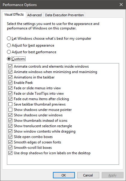 Performance options tab