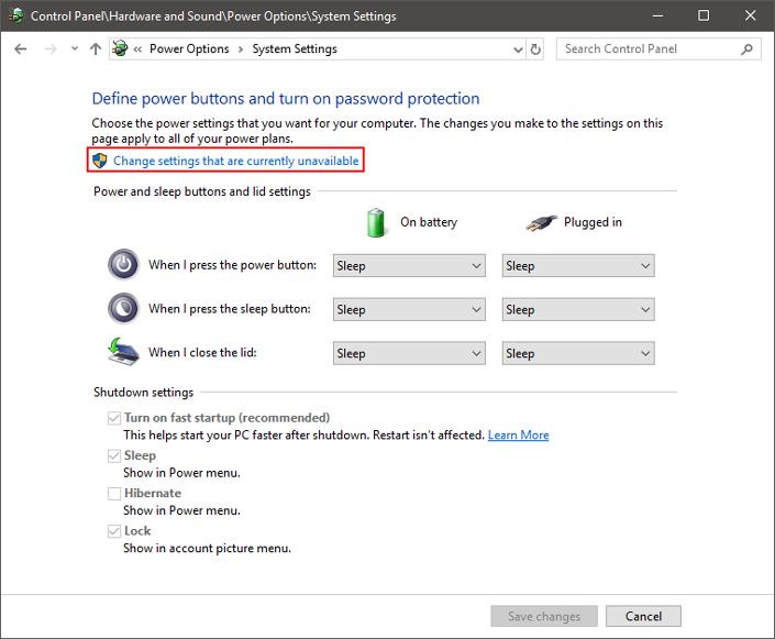 Change settings that are currently unavailable tab