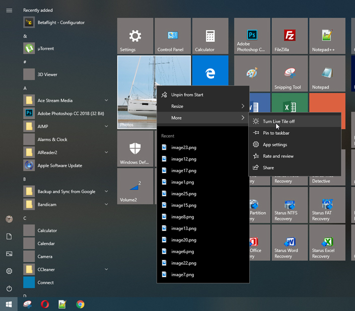 Live tiles options