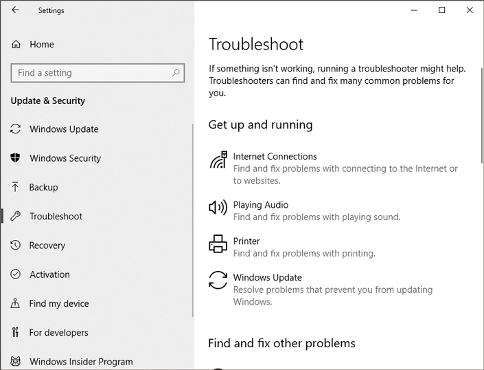 Troubleshoot settings tab