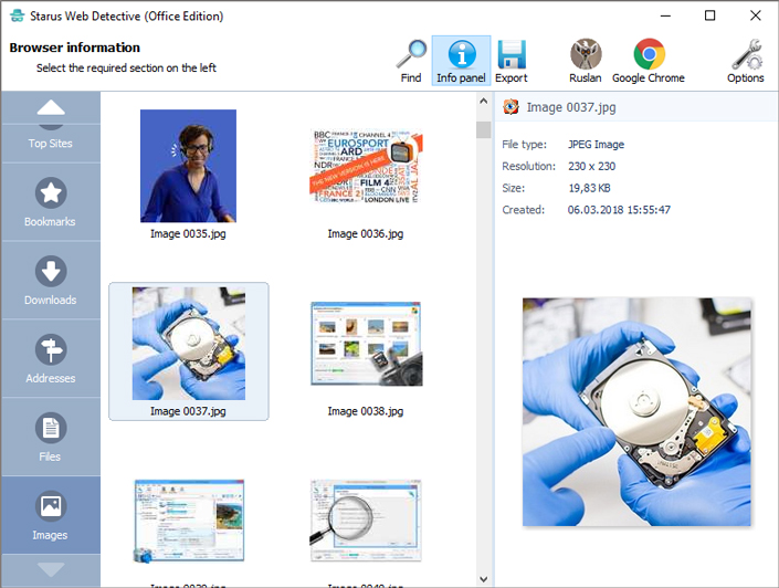 Information about uploaded images Images tab